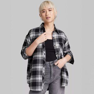 Wild Fable Oversized Button-Down Flannel Shirt in Black Plaid - Size S